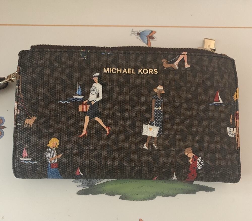 Michael Kors Adele Jet Set Double Zip Leather Phone Wallet Wristlet, Brown Vacay